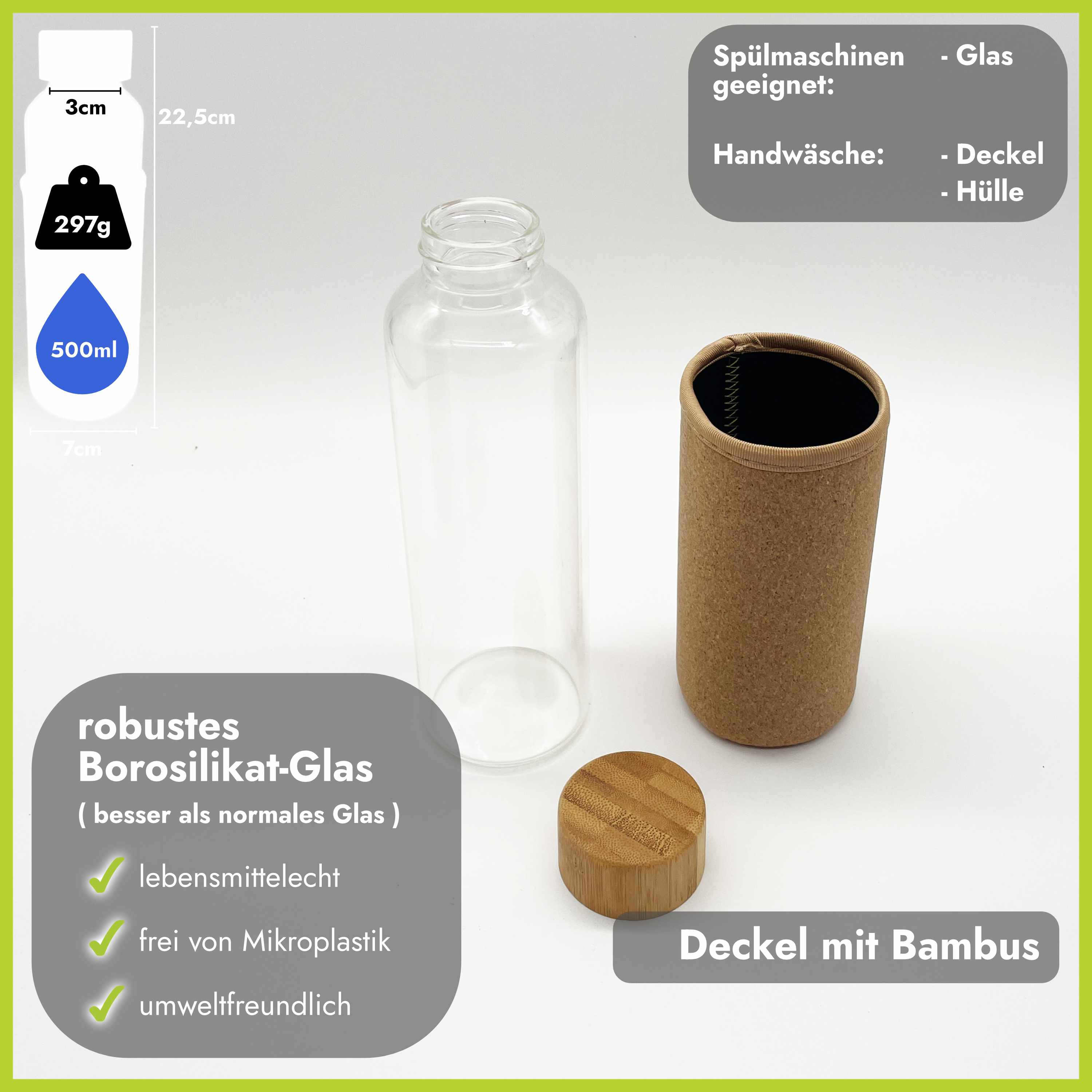 Glas Trinkflasche 500ml mit Kork-Isolierung für Heiß & Kalt